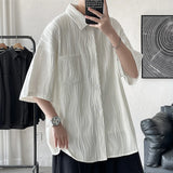 Wiaofellas  -  Told Tale Men's Wavy Grain Pleated Blouse Lapel Short Sleeve Streetwear Casual Male Loose Leisure Solid Shirts Men Clothing