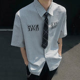 WIAOFELLAS  -  Niche Design Men's Shirts Tie Letter Printing Contrast Color Striped Short Sleeved Single Breasted Loose Male Tops