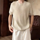 Wiaofellas  -  Men Light Luxury Knit O Neck Short-sleeved T Shirt Solid Color Leisure Streetwear Retro Knitwear Korean Popular Men's Clothing