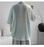 WIAOFELLAS  -  Korean Style Men's Shirts Lapel Hollow Out Knitting Single Breasted Tops Short Sleeved Pocket Loose Male Tops Trend