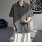 WIAOFELLAS  -  Trendy Summer Men‘s Solid Color Ice Silk Casual T-shirts New Fashion Turn Down Collar Short Sleeve Loose Tops Male