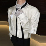 Wiaofellas  -  Men Shirt Lace Patchwork Long Sleeve Stand Collar Men Clothing Tops With Belt Streetwear Fashion Casual Male Shirts