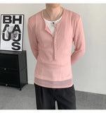 WIAOFELLAS  -  Emerald green deep v-neck perspective long-sleeved T-shirt men's ascetic slim tulle blouse lazy inner Henry collar top