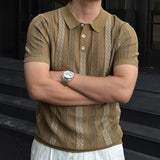 Wiaofellas  -  Stylish Slim Short Sleeve Knit Polo Shirt Men Summer Casual Breathable Hollow Out Polo Shirts Vintage Striped Crochet Polo Tops