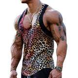 Wiaofellas  -  Sexy Deep Round Neck Tank Tops Men Vintage Leopard Printing Sleeveless Straps Vest For Mens Summer Sports Fitness Slim Camisoles