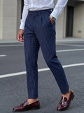 Wiaofellas  -  Vintage Mens High Wasit Pants Spring Autumn New Casual Slim Straight Trousers For Men Business Formal Fashion Striped Pants
