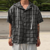 WIAOFELLAS  -  Men Plaid Shirt Hooded Short Sleeve Loose Casual Men Clothing Summer Korean Style Streetwear 2025 Male Shirts Tops S-5XL