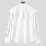 WIAOFELLAS  -  Men Shirt Solid Color Ruffle Lapel Long Sleeve Casual Men Clothing Loose Streetwear Elegant Fashion Male Tops Camisas