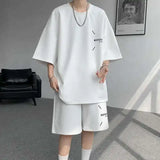 WIAOFELLAS  -  Fashion Men's Suit Solid Color Letter Print O-neck T-shirt Trendy Drawstring High-waisted Shorts Set Male Summer