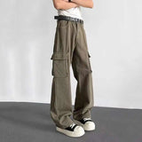 WIAOFELLAS  -  solid color men's casual pants american big side pocket cargo trousers straight new male simple wide leg bottom