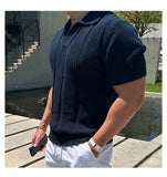 WIAOFELLAS  -  New American Niche Design Knitted Polo Shirt Men Breathable Hollow Short Sleeve Lapel Mesh Tight Sleeve T-shirt