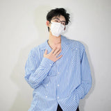 WIAOFELLAS  -  White Long Sleeved Shirt Men Fashion Society Mens Dress Shirt Korean Loose Blue Striped Shirt Mens Double Breasted Casual Shirt