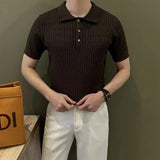 Wiaofellas  -  American Style Knitted Short Sleeve Polo Shirt Men's Slim Fit Casual Versatile Elastic T-Shirt Casual Wear Polyester Fiber