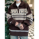 WIAOFELLAS  -  New Year Striped Christmas Sweaters Men Lapel Zipper Pullover Women Autumn Winter Loose Niche Couple Knitted Sweater Coat