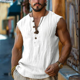 Wiaofellas  -  Men's Retro V-Neck Tank Top Summer Solid Color Casual Sleeveless Loose T-Shirt Outdoor Vacation Basic Top For Men