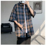 WIAOFELLAS  -  Trendy Vintage Men's Plaid Short Sleeved Casual Trousers Fashion Summer Single-breasted Turn-down Collar Shirts Male