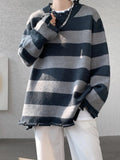 WIAOFELLAS  -  Men Autumn Winter New Striped Warm Sweater Tops Men's Oversize Loose Knitted Tops Male Round Neck Cashmere Jumpers C69