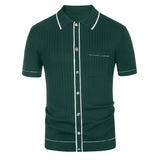 Wiaofellas  -  Men's Spring Summer Knitted Polo Shirts British Retro Casual Apricot Stripe Patchwork Jacquard Business Short Sleeve Tees Shirts