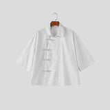 Wiaofellas  -  Men's Shirt Striped Patchwork Lapel Half Sleeve Button Men Clothes Streetwear Summer Vintage Casual Tops For Man