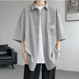 WIAOFELLAS  -  Fashion Men's Solid Color Pocket Design Short Sleeves Blouse Trendy Single-breasted Lapel Casual Shirts Male Summer