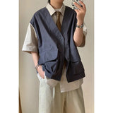 Wiaofellas  -  Men's Japanese Retro Patchwork Fake Two-Piece Vest Shirt Short Sleeve Casual Workwear Jacket