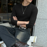WIAOFELLAS  -  Men T Shirt Solid Color O-neck Long Sleeve Knitted Male Tee Tops Streetwear Spring Fashion Casual Men Clothing S-5XL