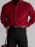 WIAOFELLAS  -  Burgundy thin corduroy shirt men's flip double patch pocket high-end mature long-sleeved red shirt men Autumn clothes