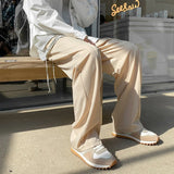 Wiaofellas  -  Loose Waist Men's Casual Trousers Khaki Straight Leg Faion Streetwear High Waist Elastic Waist Suit Sle Four Seasons