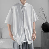 WIAOFELLAS  -  Simple Men's Shirts Turn-down Collar Ice Silk Solid Color Short Sleeved Loose Menswear Single Breasted Male Tops