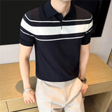 Wiaofellas  -  Ice Silk Cool Striped Knitted Polo Shirt for Men's Summer Collar Short Sleeved T-shirt Versatile Business Casual Social T-shirts