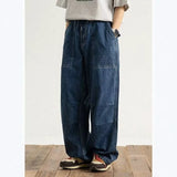 Wiaofellas  -  Large Size Men's Casual Wide Leg Jeans Loose Fit Workwear Trousers Washed Denim Straight Tube Zipper Fastening Non-Elastic