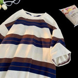Wiaofellas  -  Japanese Striped Short-sleeved T-shirt Men's Summer Retro Loose Casual Five-point Half-sleeved Shirt