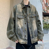 Wiaofellas - American Retro Distressed Shoulder Pad Denim Jacket Spring Autumn Men's Causal Loose Handsome Workwear Jackets Top Male Clothes