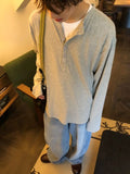 Wiaofellas  -  Men's Henry Neck Long Sleeve T-Shirt Autumn Loose Casual Button Top Basic Tee Couples Streetwear Simple T-Shirts