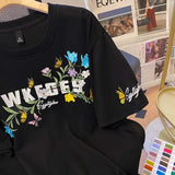 WIAOFELLAS  -  Short Sleeve T-Shirt Men Summer New Fashion Embroidery Shoulder round Neck Top Women Stylish Versatile Ins Crew Neck Tee