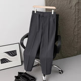 Wiaofellas  -  Men Pleated Dress Pants with Belt Business Casual Non-Iron Straight Trousers Male Solid Color Ankle Length Office Work Pants