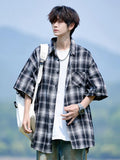 Wiaofellas  -  Trendy Summer Elegant Short Sleeve Plaid Shirt Men's American Casual Oversized Pocket T Shirts Y2K Streetwear Camisas
