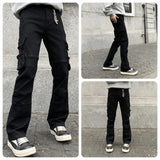 WIAOFELLAS  -  New trendy loose straight leg multi pocket black washed denim jeans