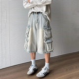 WIAOFELLAS  -  High Street Men's Jeans Big Multi-pockets Solid Color Wide Leg Worn-out Bottom Straight Washing Male Denim Shorts