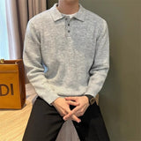 WIAOFELLAS  -  Korean New Men's Polo Neck Sweater Luxury Knitted Long Sleeve Pullover Autumn Casual Solid Color Streetwear Leisure Knitwear Top