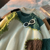 WIAOFELLAS  -  Splicing Contrasting Sweaters Men Autumn Winter Deer Plush Soft Loose Knit Tops Korean Style Trendy Knitwear Fashion Streetwear