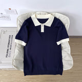 Wiaofellas  -  Loose Fit  Short Sleeve Knitted T-Shirt Men Summer Cool Breathable Shoulder Collision Color Collar Unisex Top