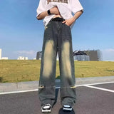 Wiaofellas  -  Men Hip Hop Ripped Hole Jeans Korean Casual Pants High Street Straight Loose Wide Leg Jeans Vintage Blue Baggy Jeans