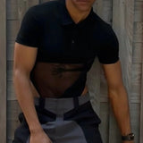 WIAOFELLAS  -  Men Bodysuits Mesh Patchwork Lapel Short Sleeve Transparent Sexy Male Rompers T Shirt Streetwear Fashion Bodysuit