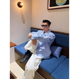 Wiaofellas  - fall outfits Autum Men's Shirts Vintage Striped Stand Collar Loose Single Breasted Long Sleeve Male Tops New Korean Style Shirt