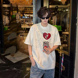 WIAOFELLAS  -  Fashion Men's Print Letter Beads Contrast Color Loose T-shirts Trendy Summer Casual Short Sleeves O-neck Tops Male