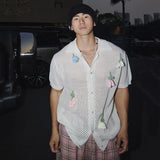 WIAOFELLAS  -  Niche Design Men's Shirts Three-dimensional Flowers Lapel Hollow Out Loose Short Sleeved Male Tops Single Breasted