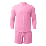 Wiaofellas  -  Men's Shorts Set Button-up Long Sleeve Shirt + Shorts Casual Beach Outfits Men Two Piece Tracksuit Fashion Streetwear