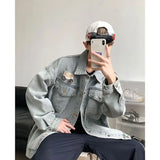 WIAOFELLAS  -  Retro Badge Denim Jacket Men's New Handsome Top Trendy Brand Loose Lapel