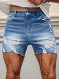 WIAOFELLAS  -  Men's blue denim shorts. The ripped and worn style is popular.